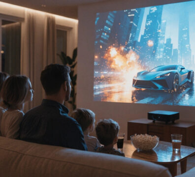 Famille profitant d'une soirée cinéma à domicile grâce à un vidéoprojecteur dans un salon