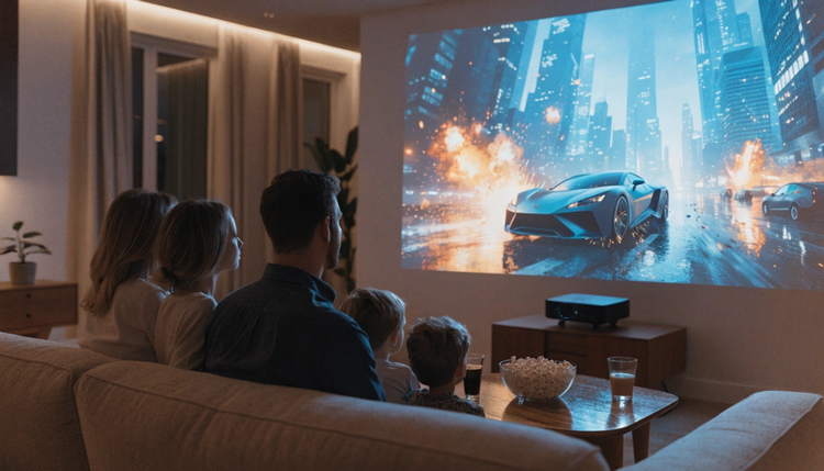 Famille profitant d'une soirée cinéma à domicile grâce à un vidéoprojecteur dans un salon